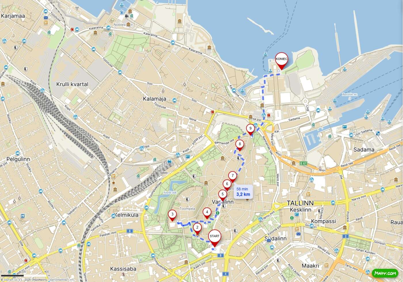 Mapa trasy pieszej zwiedzania Tallinna ze zaznaczonymi punktami atrakcji turystycznych.