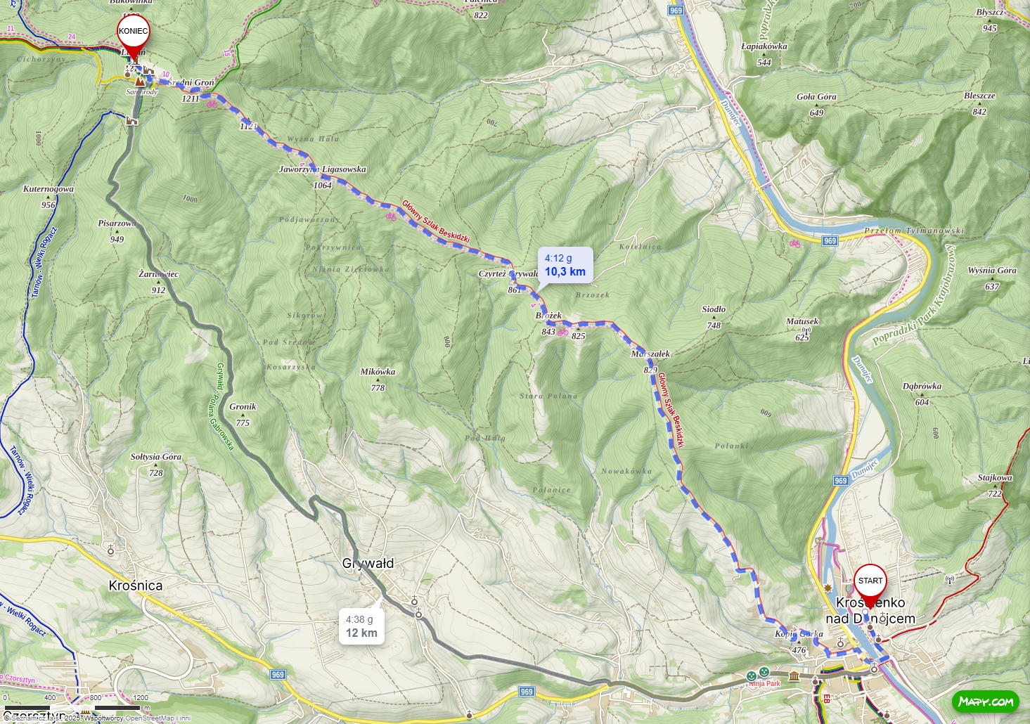 Mapa szlaku turystycznego z Krościenka nad Dunajcem do Ochotnicy w Gorcach
