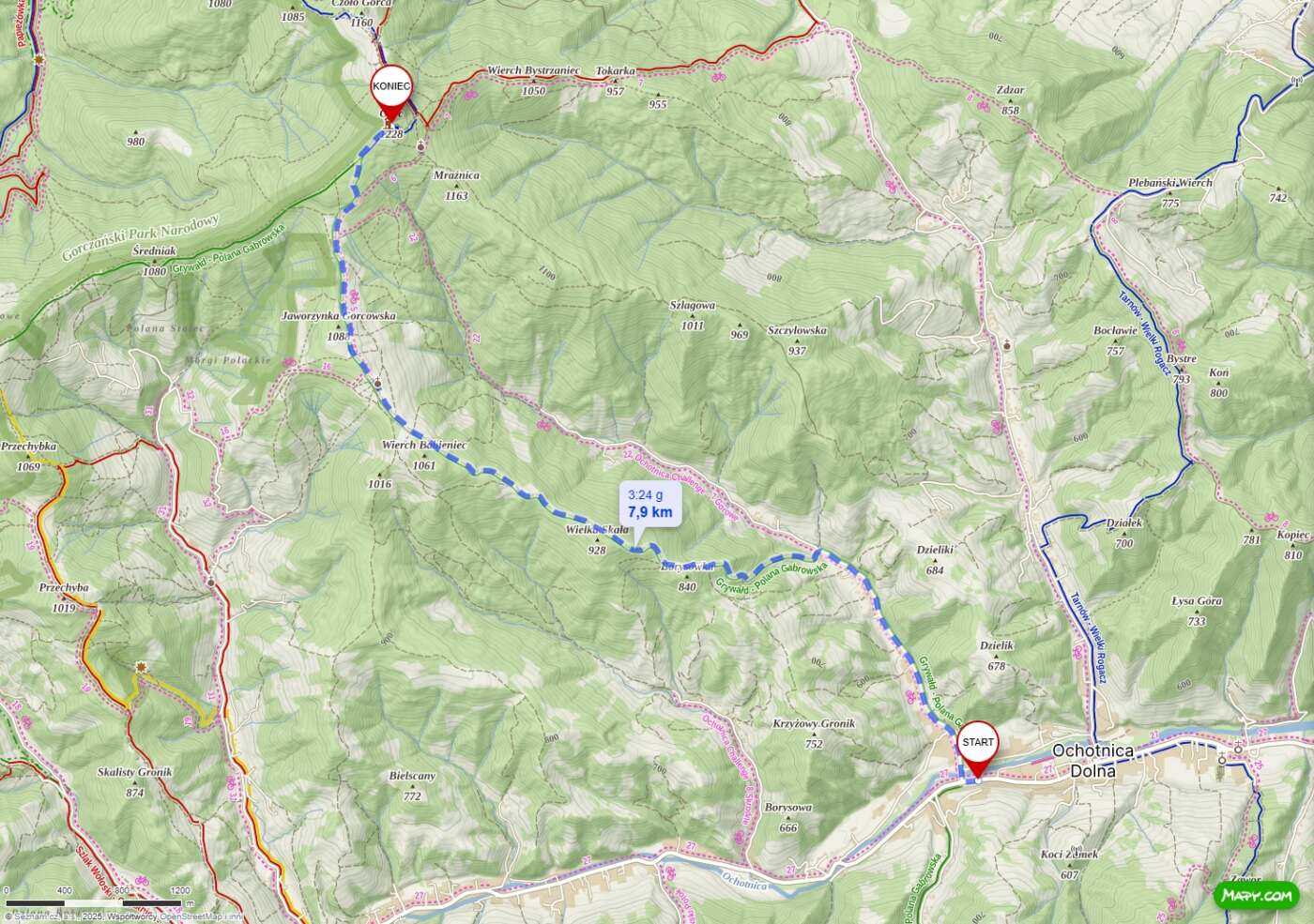Mapa pieszej trasy z Ochotnicy Górnej na Gorc