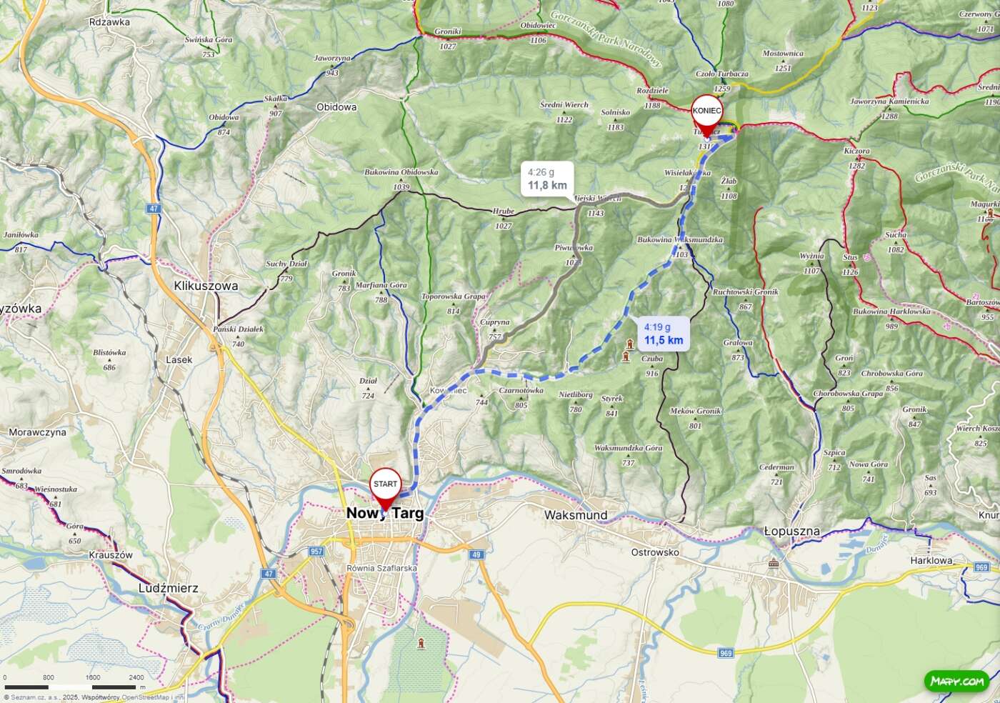 Mapa pieszej trasy z Nowego Targu na Turbacz