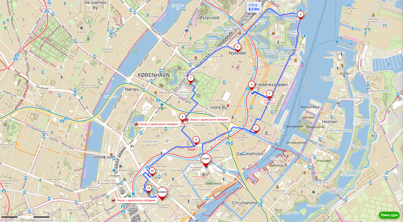 Mapa trasy spaceru po Kopenhadze – przez centrum i kanały