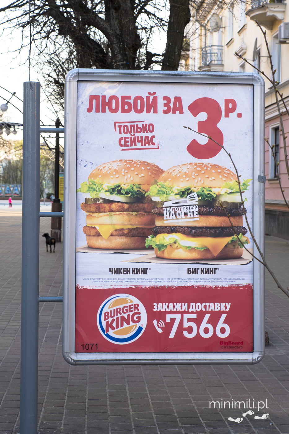 Reklama Burger Kinga z rosyjskim napisem w centrum Brześcia