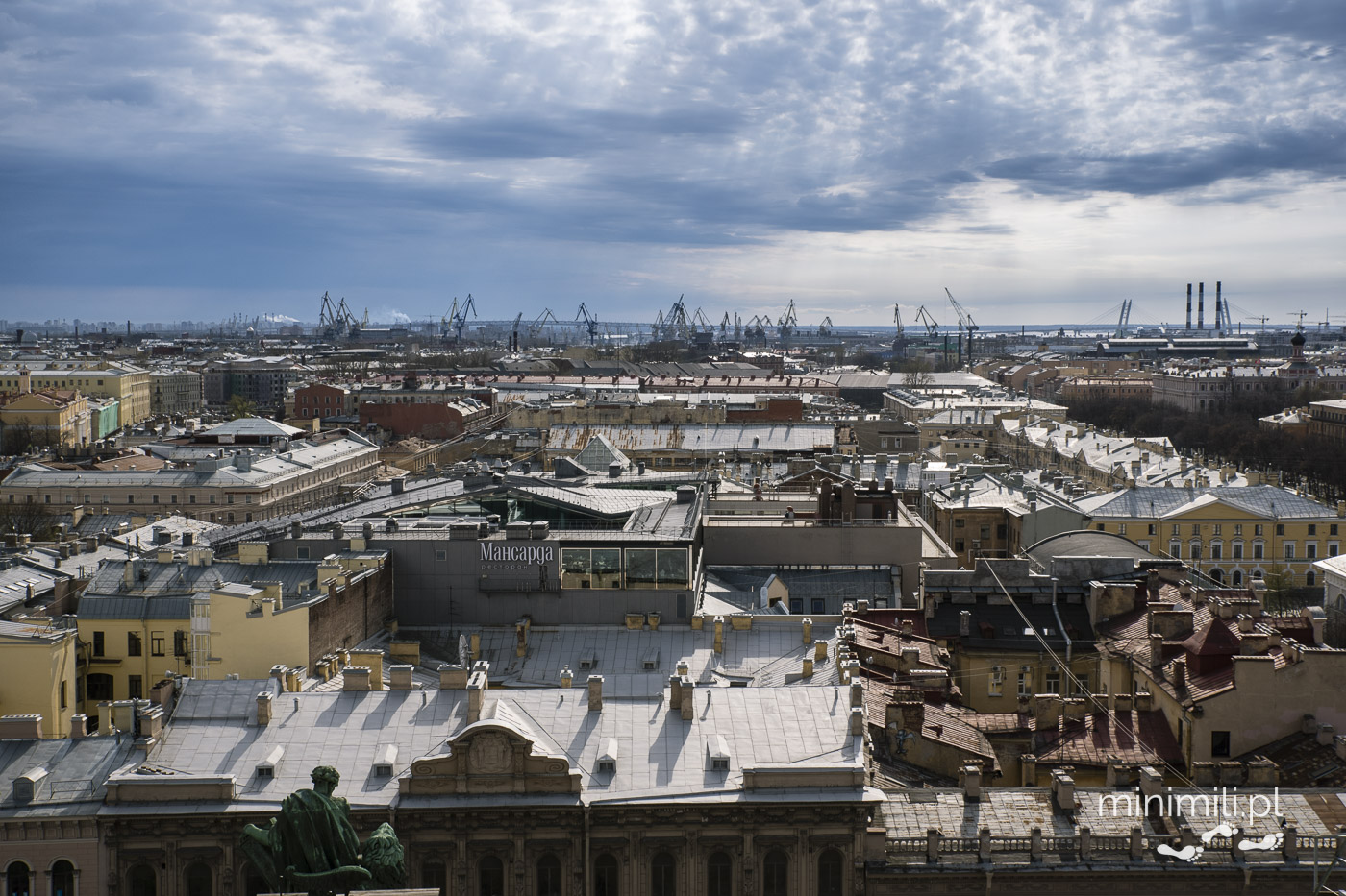 Panorama Petersburga z widocznym portem i dachami zabytkowych kamienic