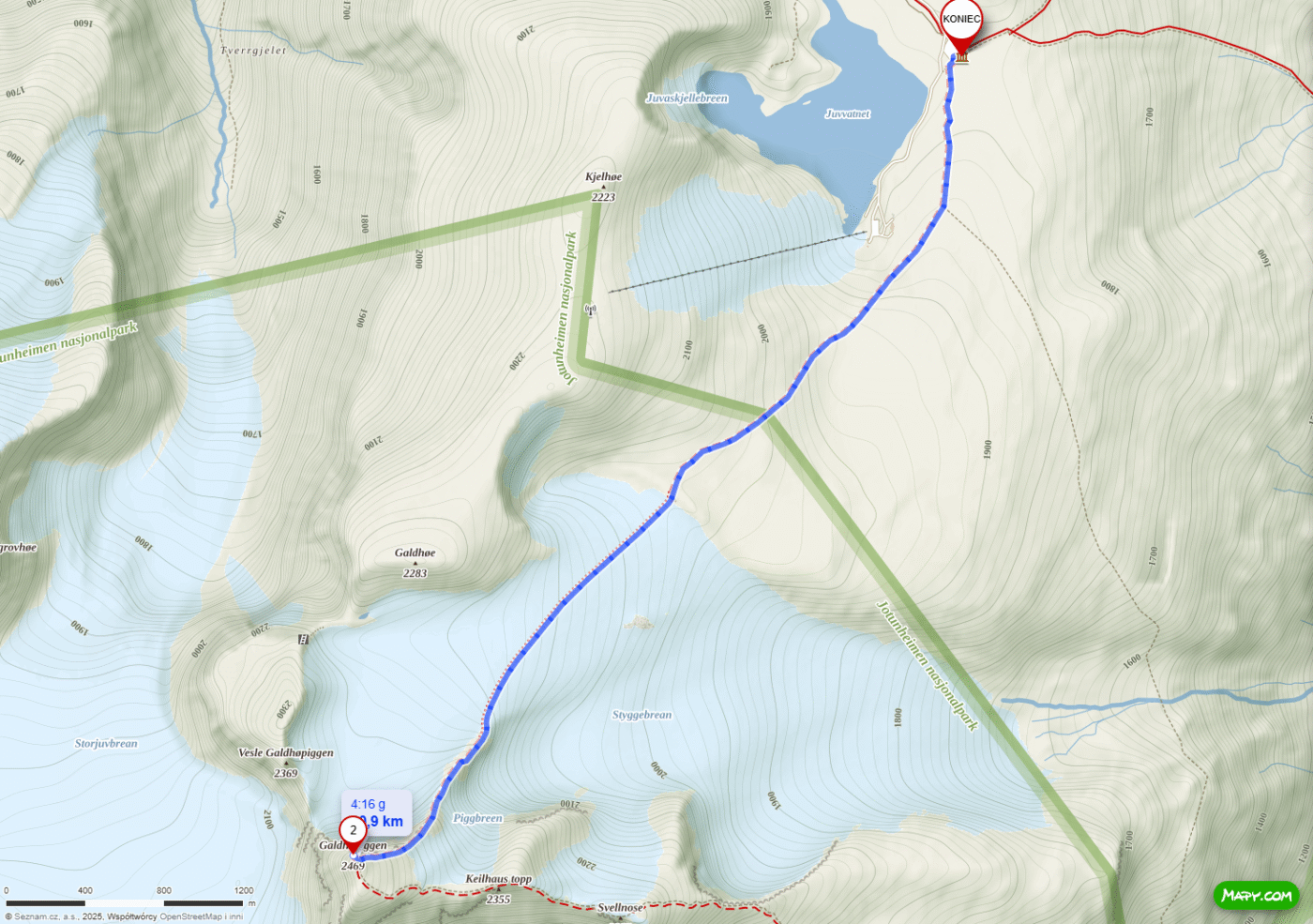 Mapa trasy trekkingowej na Galdhøpiggen z Juvasshytta – najwyższy szczyt Norwegii
