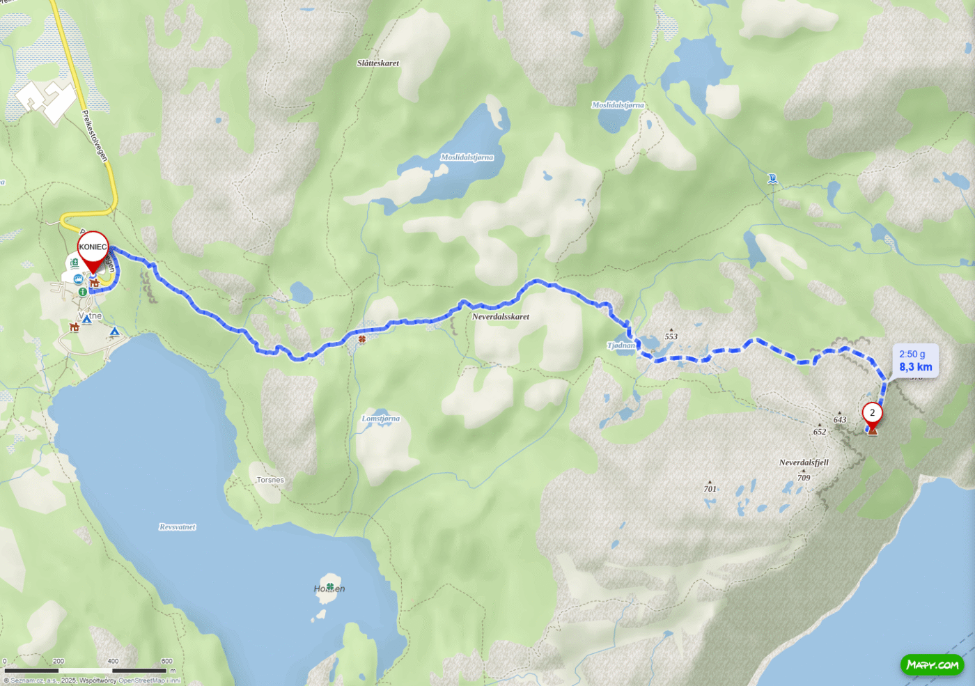 Mapa trasy trekkingowej na Preikestolen w Norwegii z oznaczoną drogą do celu