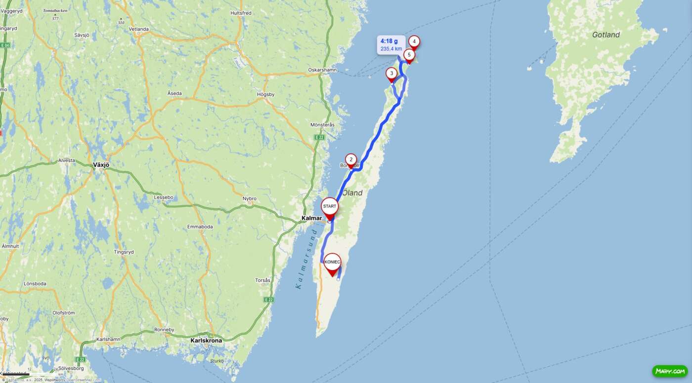 Mapa trasy zwiedzania Olandii – największej wyspy Szwecji