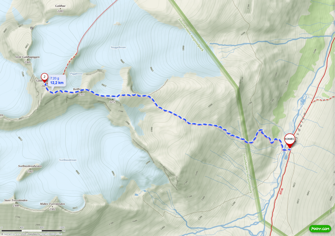 Mapa szlaku trekkingowego na Galdhøpiggen z doliny Spiterstulen