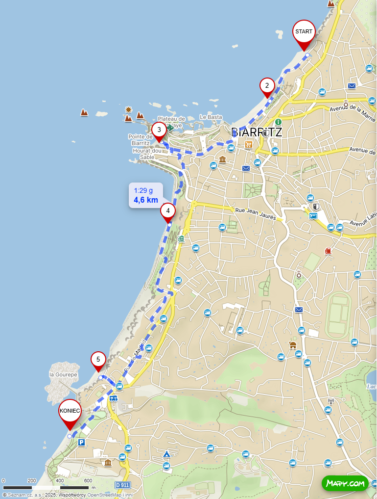 Mapa4,6-kilometrowej trasy spacerowej wzdłuż wybrzeża Biarritz