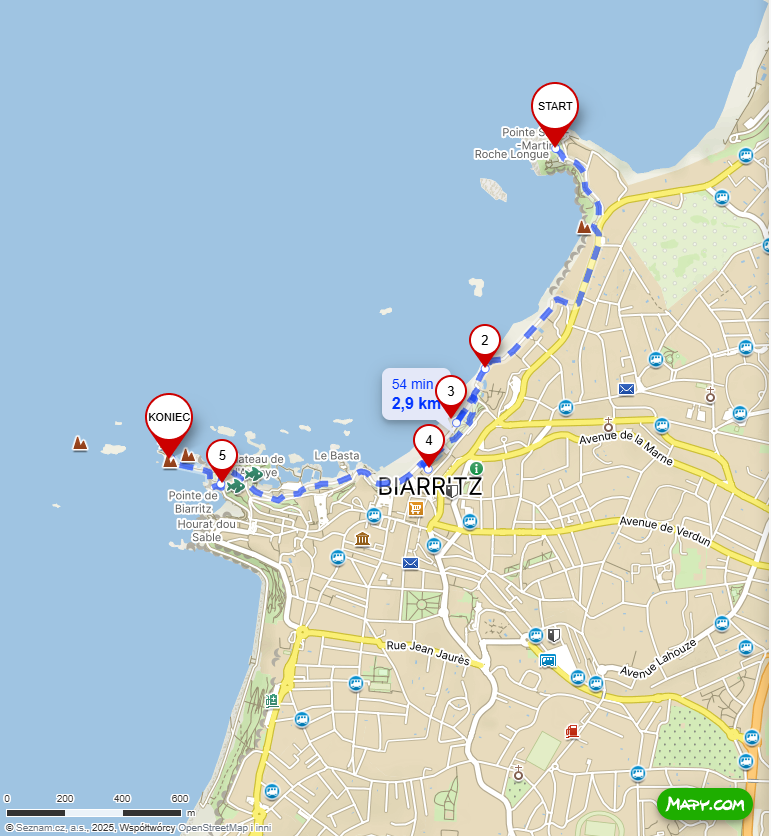 Mapa trasy spacerowej po Biarritz wzdłuż wybrzeża Atlantyku