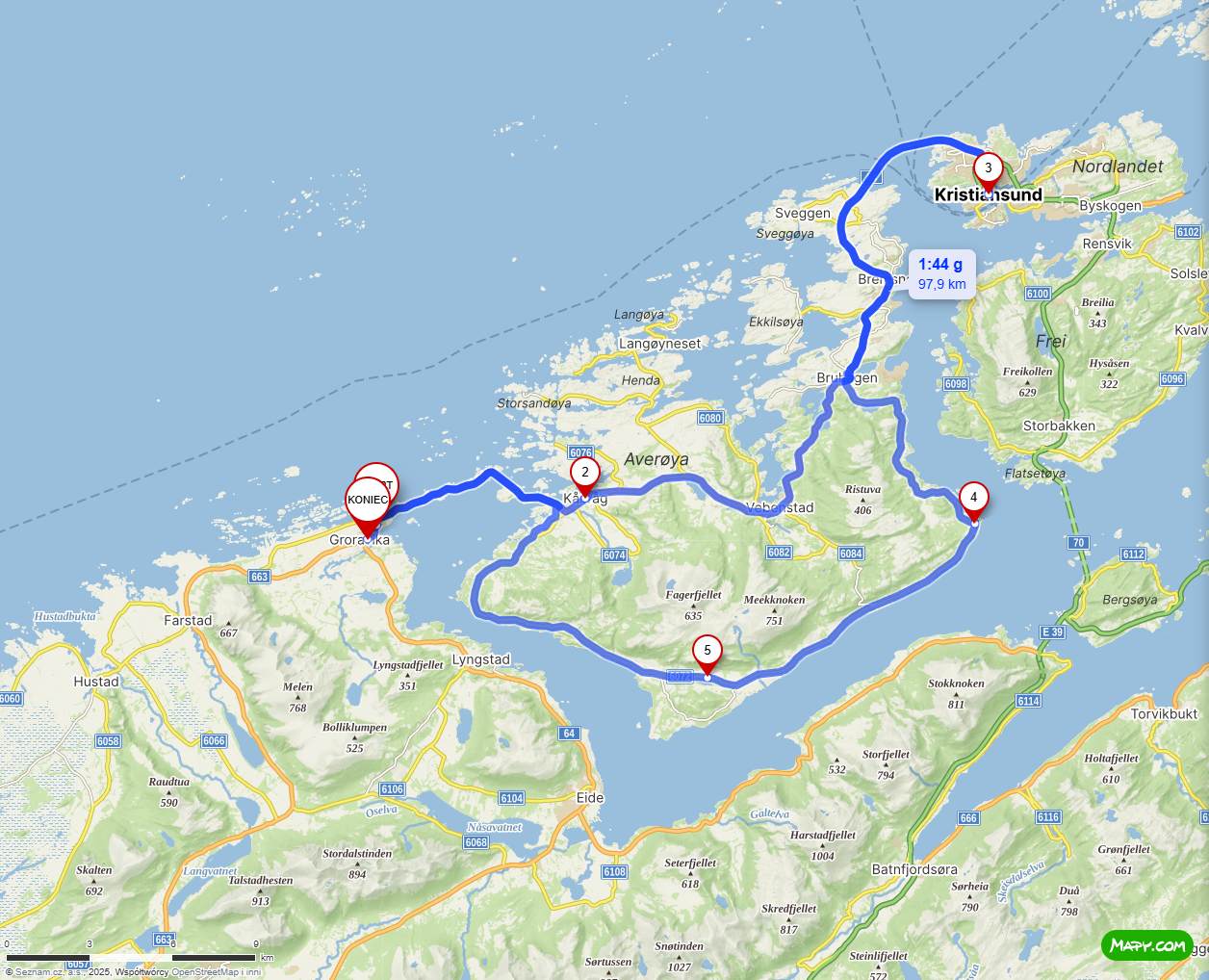mapa Trasy Atlantyckiej w Norwegii, przebieg drogi i wyspy na odcinku Averøya – Kristiansund