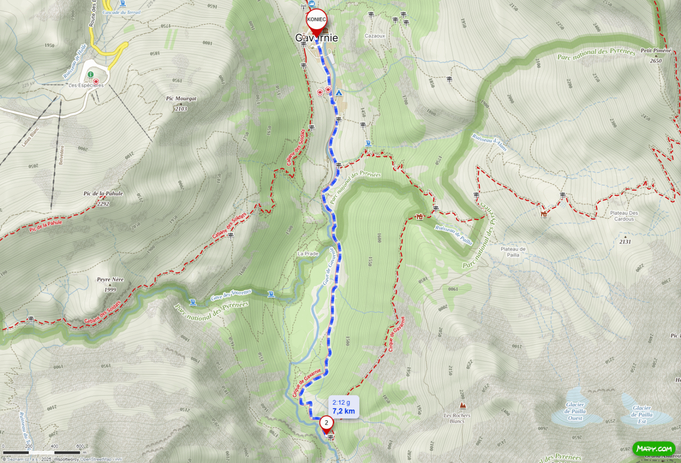 Mapa szlaku trekkingowego z Gavarnie do Cirque de Gavarnie w Pirenejach