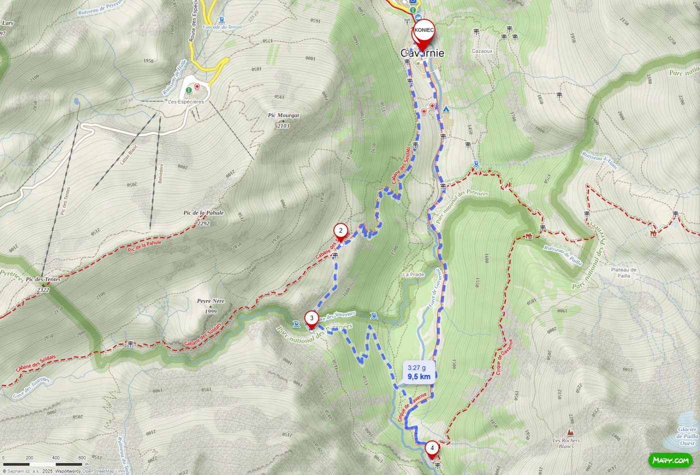 Mapa 9,5-kilometrowej trasy trekkingowej w Parku Narodowym Pirenejów