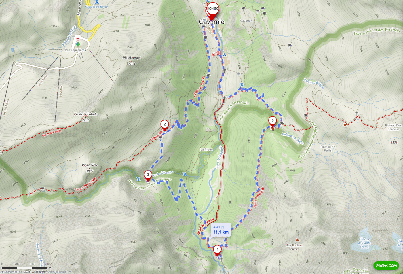 Mapa pętli trekkingowej o długości 11 km w okolicach Gavarnie