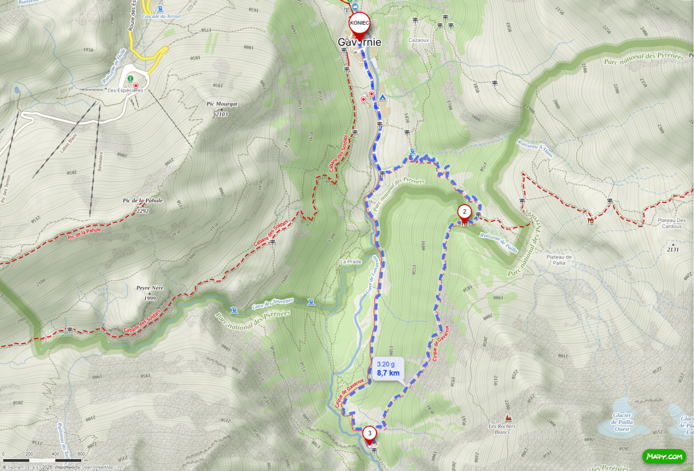 Mapa trasy trekkingowej 8,7 km z Gavarnie w kierunku Cirque de Gavarnie