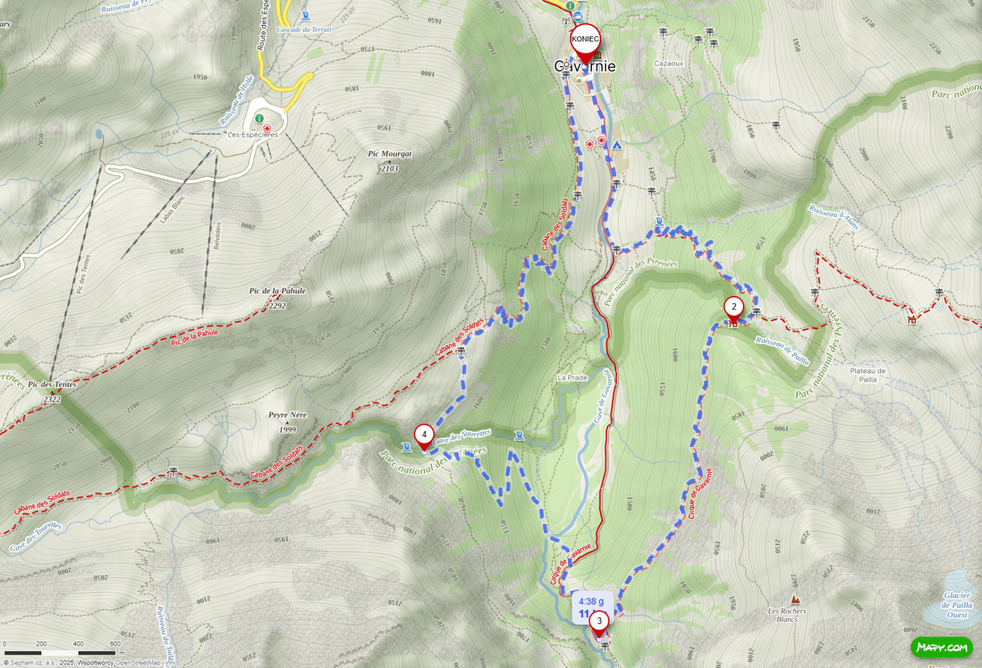 Mapa 11-kilometrowej pętli trekkingowej wokół Gavarnie w Pirenejach