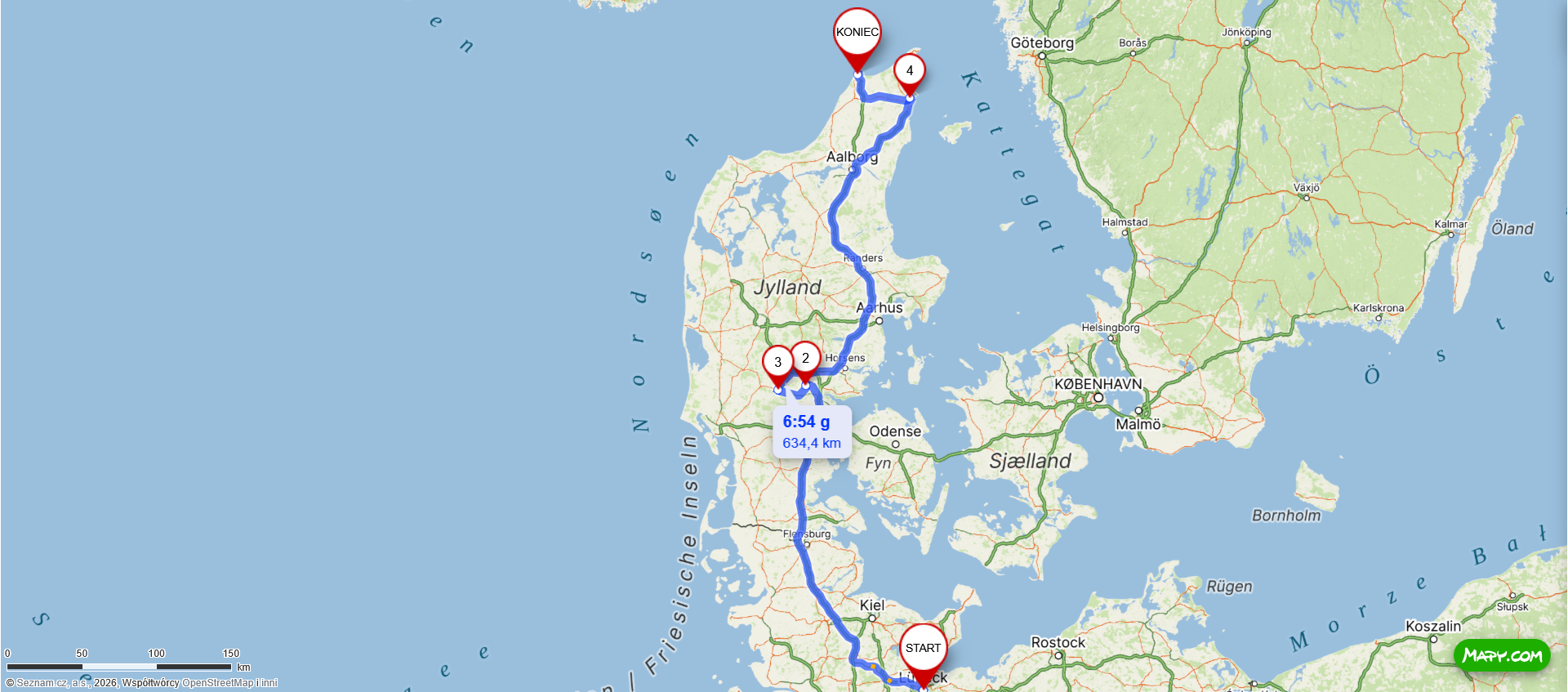 Mapa trasy podróży przez Danię z Jelling do Billund