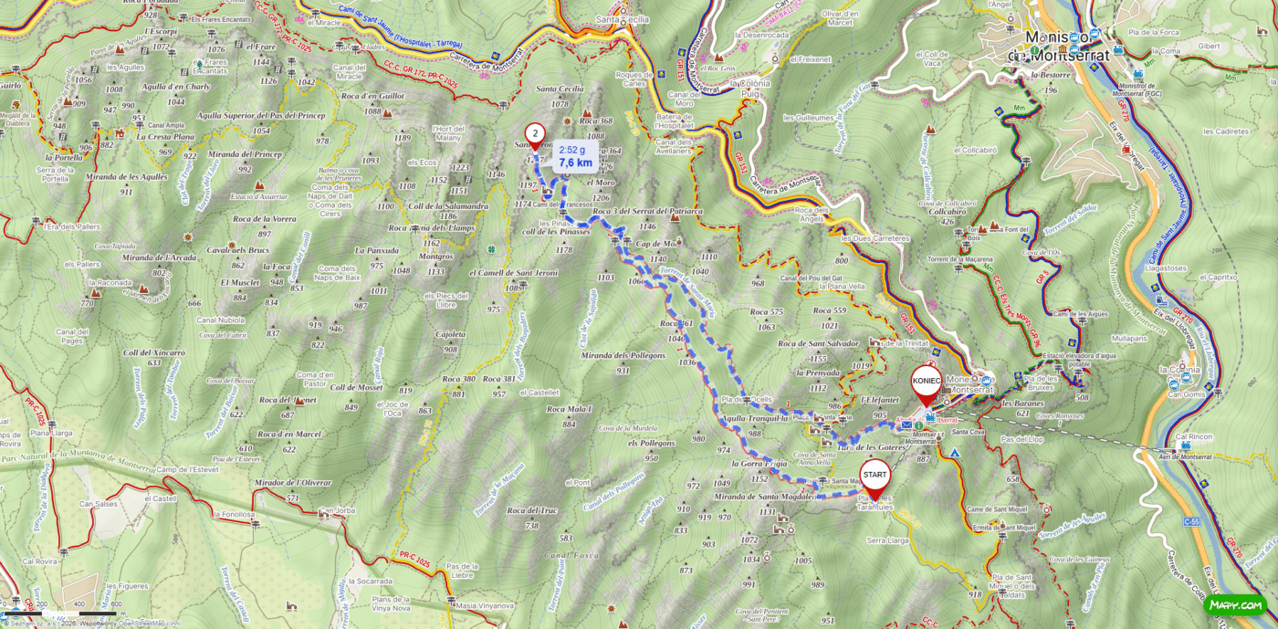 Mapa szlaków w Montserrat – trasa piesza w górach