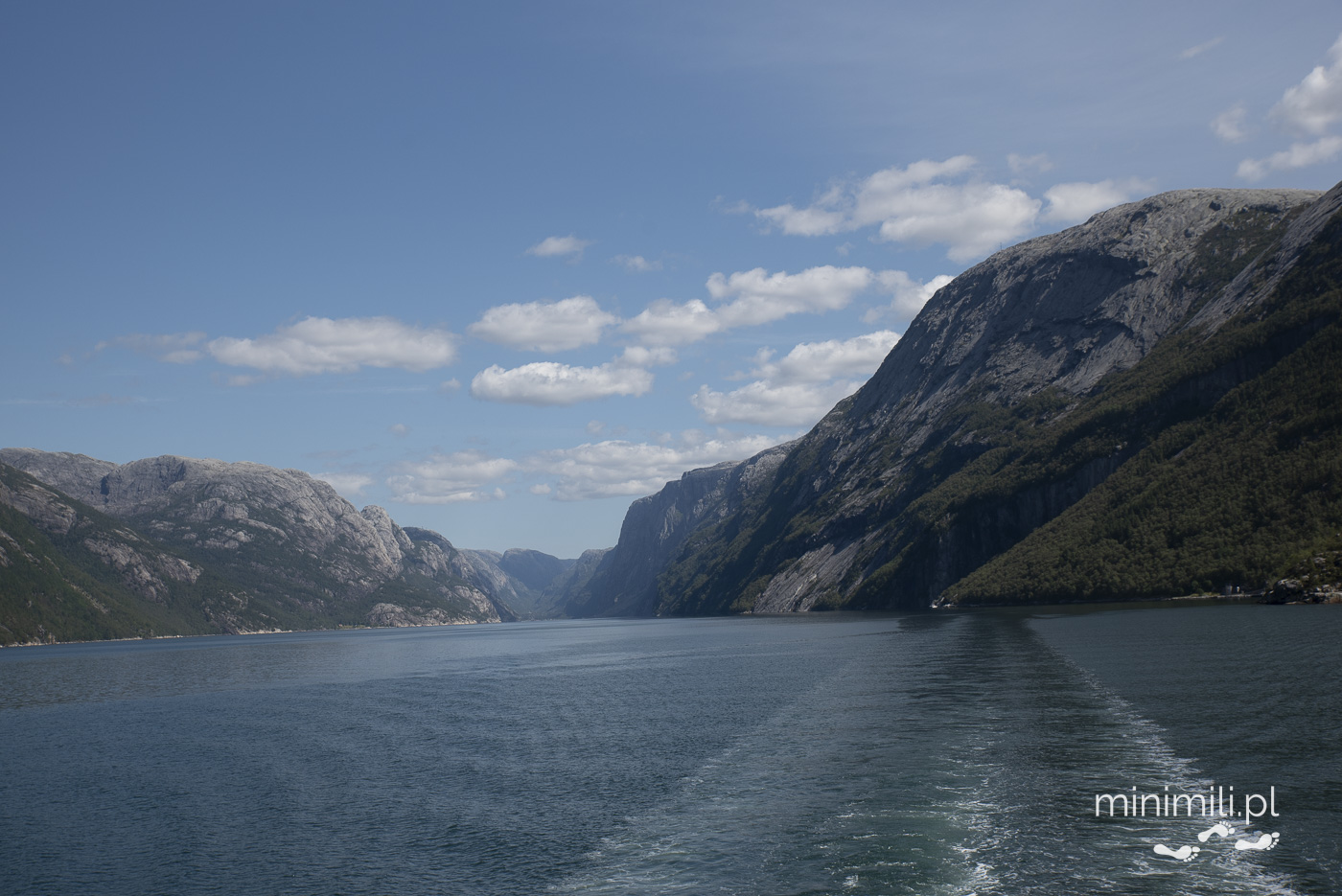 Widok z promu na norweski fiord i strome górskie zbocza
